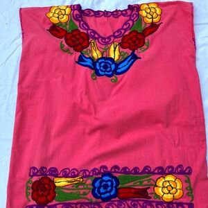 Plus Size Salmon Colored Cotton Embroidered Shift Dress / Mexican Folk Style